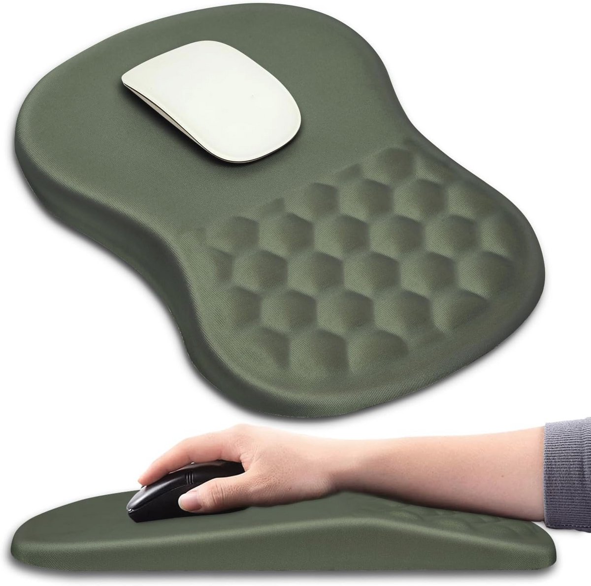 Ergonomische muismat met polssteun en massageontwerp - Pijnverlichting en antislip basis (30 x 20 cm, olijfgroen)