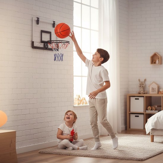 Indoor Mini Basketball Basket for Children and Adults, Basketball Board for Hanging on the Door, Complete Set with Ring, 2 Balls and Air Pump, Original Gift