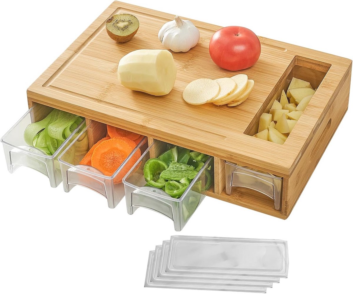 Bamboe snijplank met 4 containers en sapgroeven