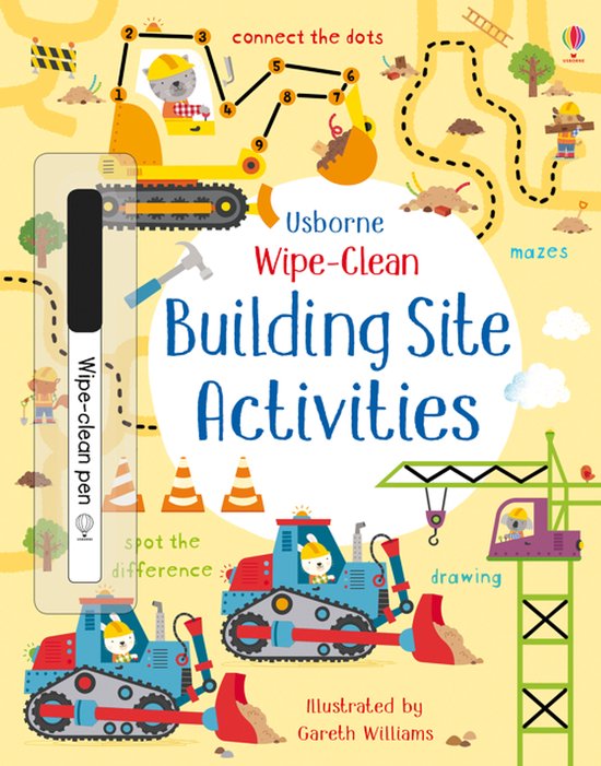 Boekomslag van 'Wipe-Clean Building Site Activities' met bouwvoertuigen en dieren.