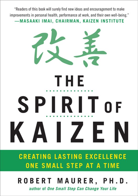 Boek "The Spirit of Kaizen" met de titel in zwarte letters, groen Japans schrift bovenaan.