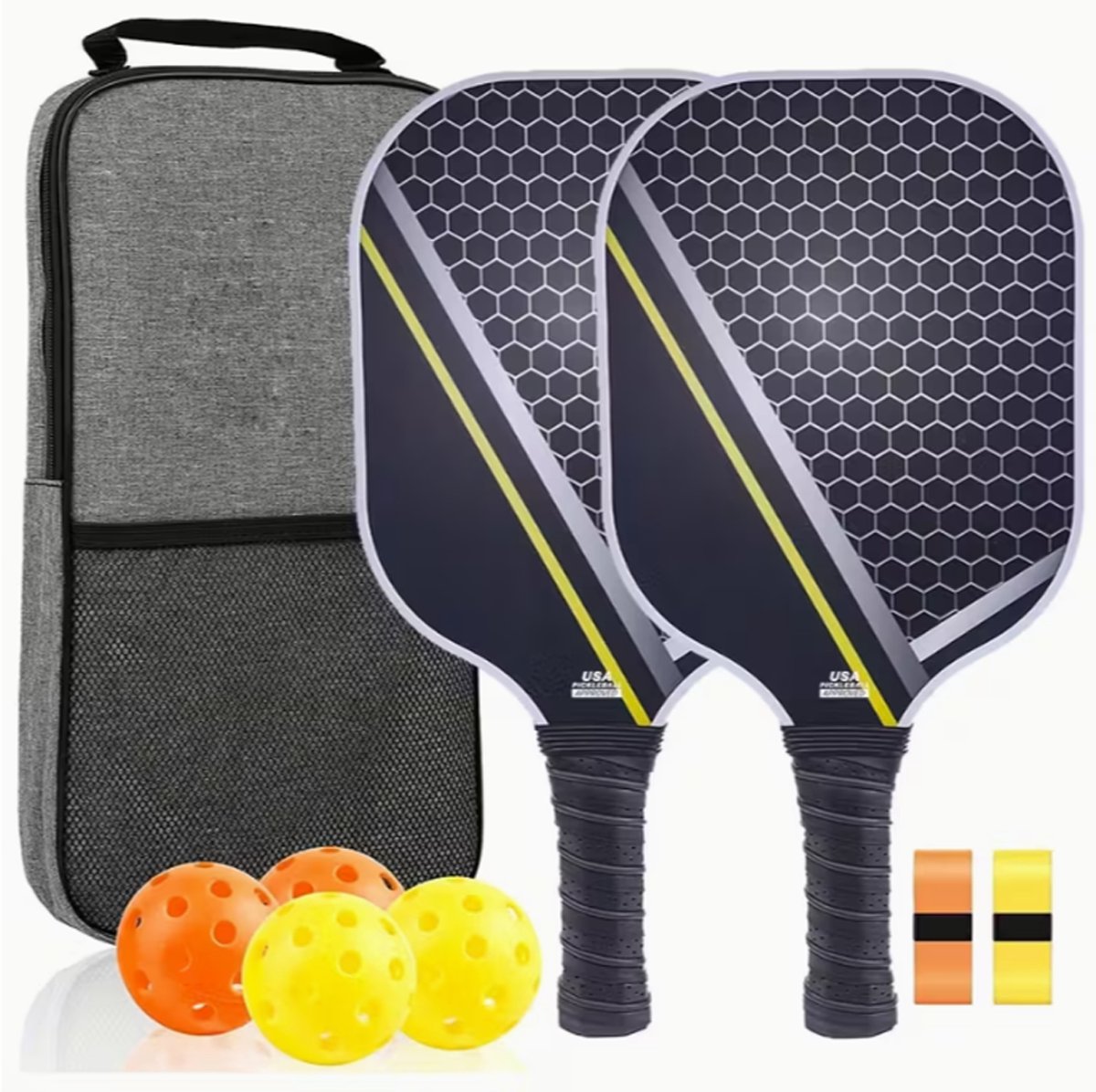 Lersko - Pickleball Starterskit – Complete Set met 2 Glasvezel Paddles, 4 Pickleballs, Draagtas & 2 Grips – Duurzame Antislip Constructie + Beschermhoes – Perfect voor Training, Familie & Toernooien