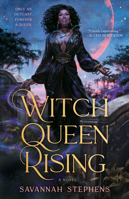 Couverture du livre "Witch Queen Rising" avec une femme noire dans une tenue royale, une planète violette en arrière-plan. "Once an outcast, forever a queen."