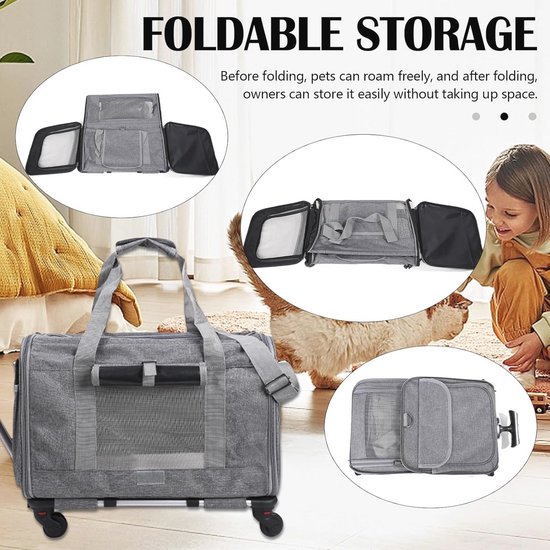 Transportbox voor katten en honden, 48 x 40 x 32 cm, tas met telescoopgreep, inklapbare container voor 1-2 katten of honden tot 13,5 kg, met wielen
