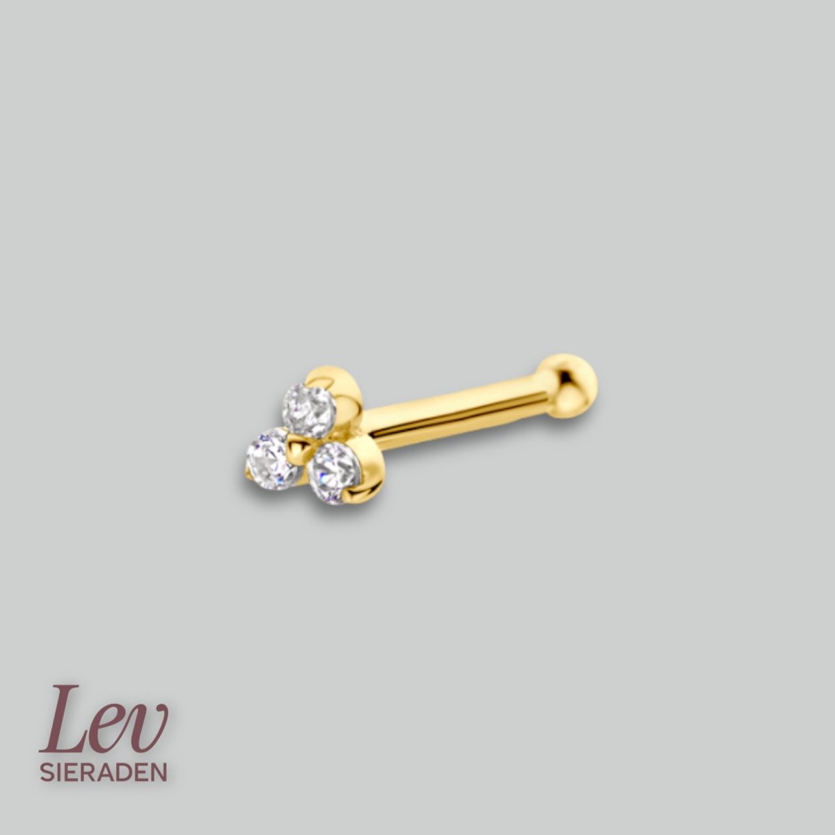 Lev Sieraden - 14k Geelgoude Neus piercing - Oorknopje met 3 zirkonia kogels