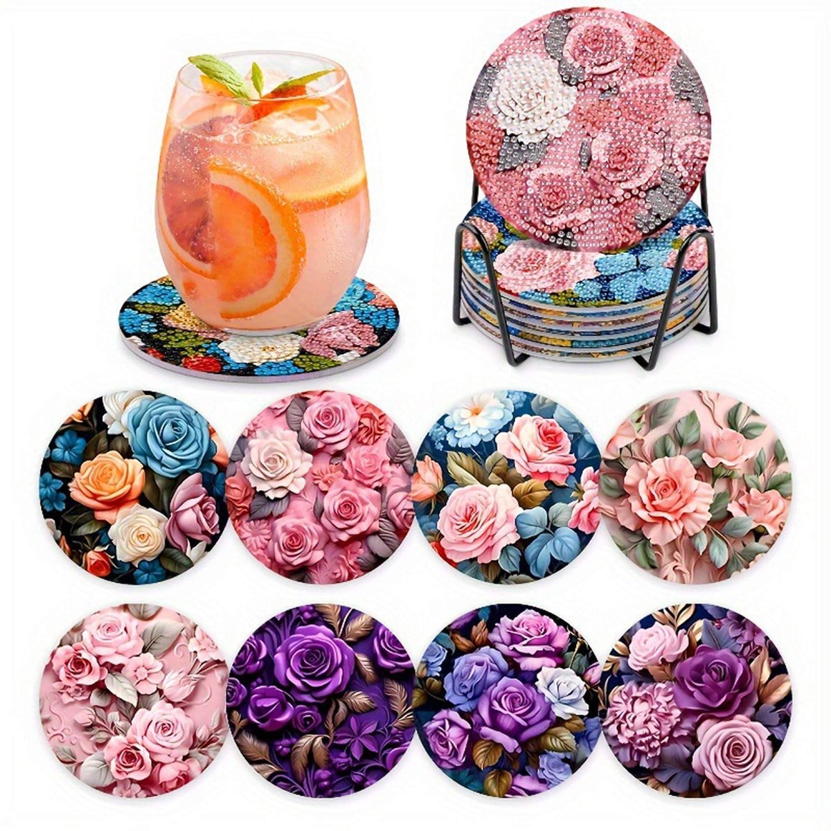 VDTOYS® DIAMOND PAINTING voor volwassenen - Roosjes 2 - Onderzetters - Coasters - Onderleggers - Ronde steentjes - 8 stuks - Compleet Hobbypakket - set AC Roosjes