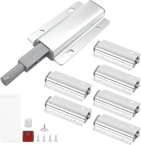 Set van zeven zilveren metalen druk-openers met grijze plastic delen en montagemateriaal.