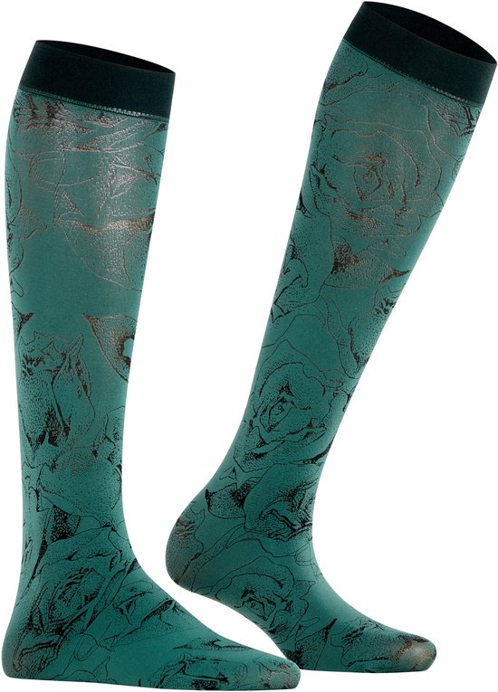 Groene kniekousen met rozenprint en glanzende details.