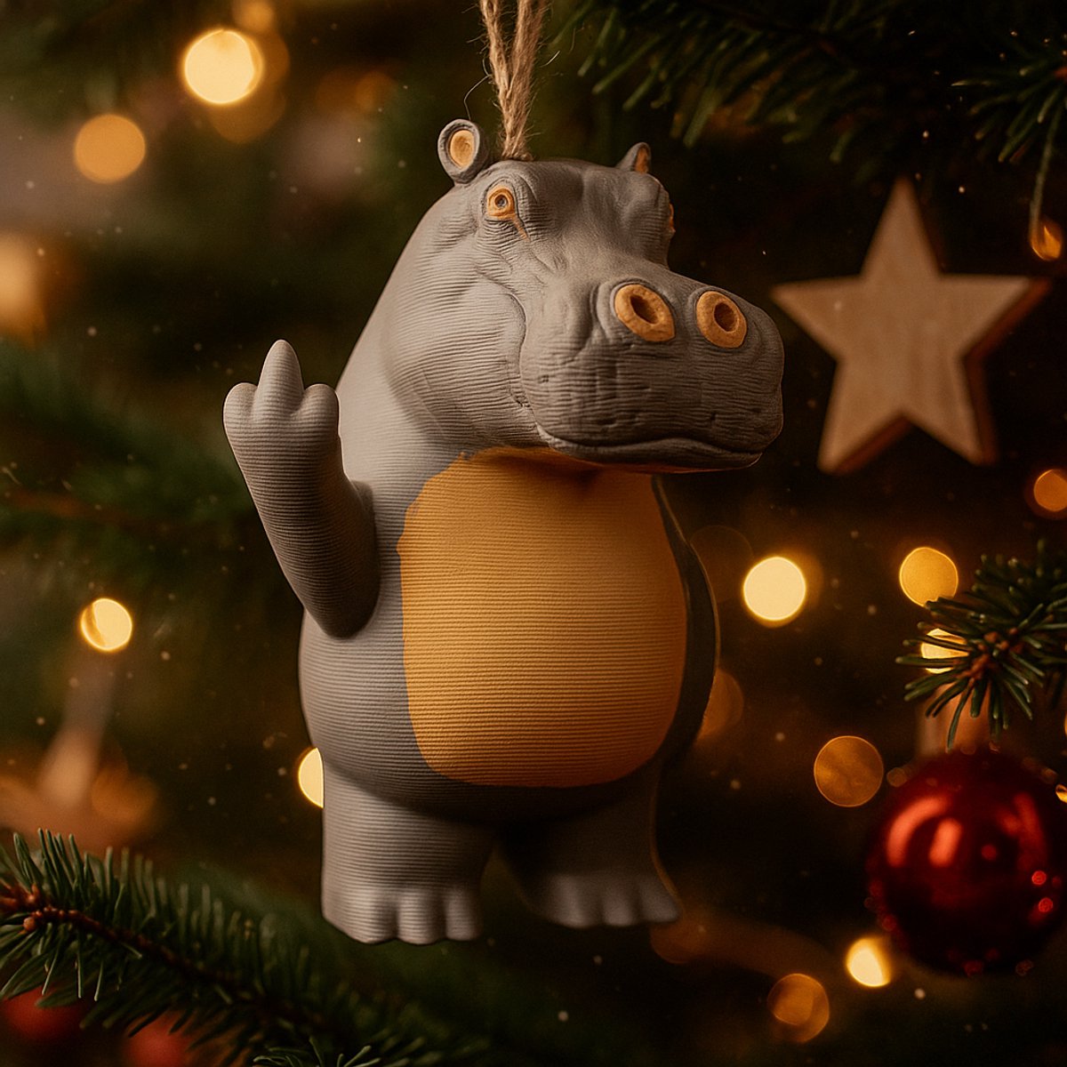 AnimalsAttitude – Middelgrote Nijlpaard Kersthanger met Middelvinger – 3D-geprint PLA Beeldje – Humoristische Kerst Decoratie