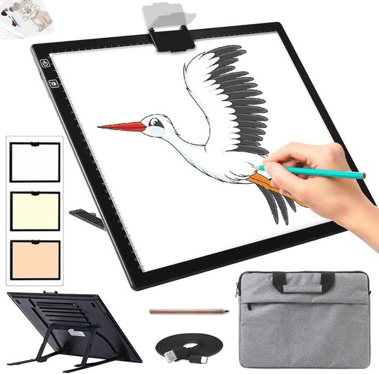 Oplaadbare A2-lichttafel, 3-kleuren-lichtinstelling, diamond painting lichtplaten, 6-traps / traploos instelbare helderheid, grote lichtpad met 2 clips voor tekenen, schetsen, animaties Oplaadbare A2-lichttafel, 3-kleuren-lichtinstelling, diamond painting lichtplaten, 6-traps / traploos instelbare helderheid, grote lichtpad met 2 clips voor tekenen, schetsen, animaties
