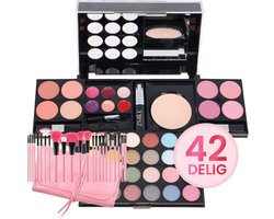Beauty Box 42-delig met Spiegel & 24-Delige Premium Roze Kwastenset – Ideaal voor onderweg & als cadeau – Extra Klein