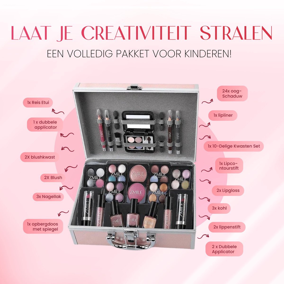 Roze Make Up Koffer Meisjes Met Inhoud 41-Delig - Set Inclusief Premium Roze Kwasten & Reis Etui - Make Up Koffer Kinderen - Make Up Koffer Gevuld - Cosmetica Koffer - Roze Beautycase Meisjes — cadeau in Verzorging - foto 7