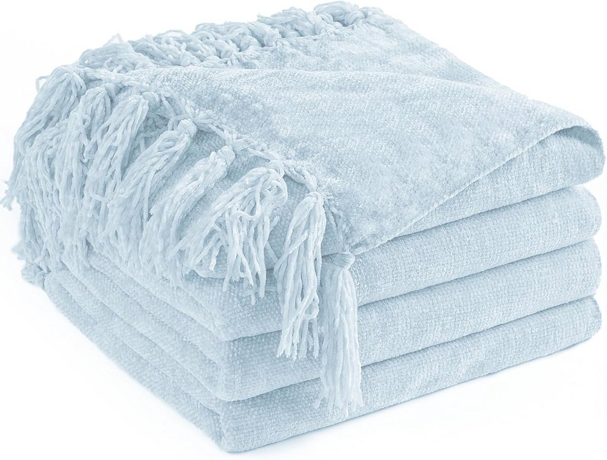 Zachte Chenille Deken Lichtblauw 152 x 80 cm - Knusse Boho Plaids met Franjes