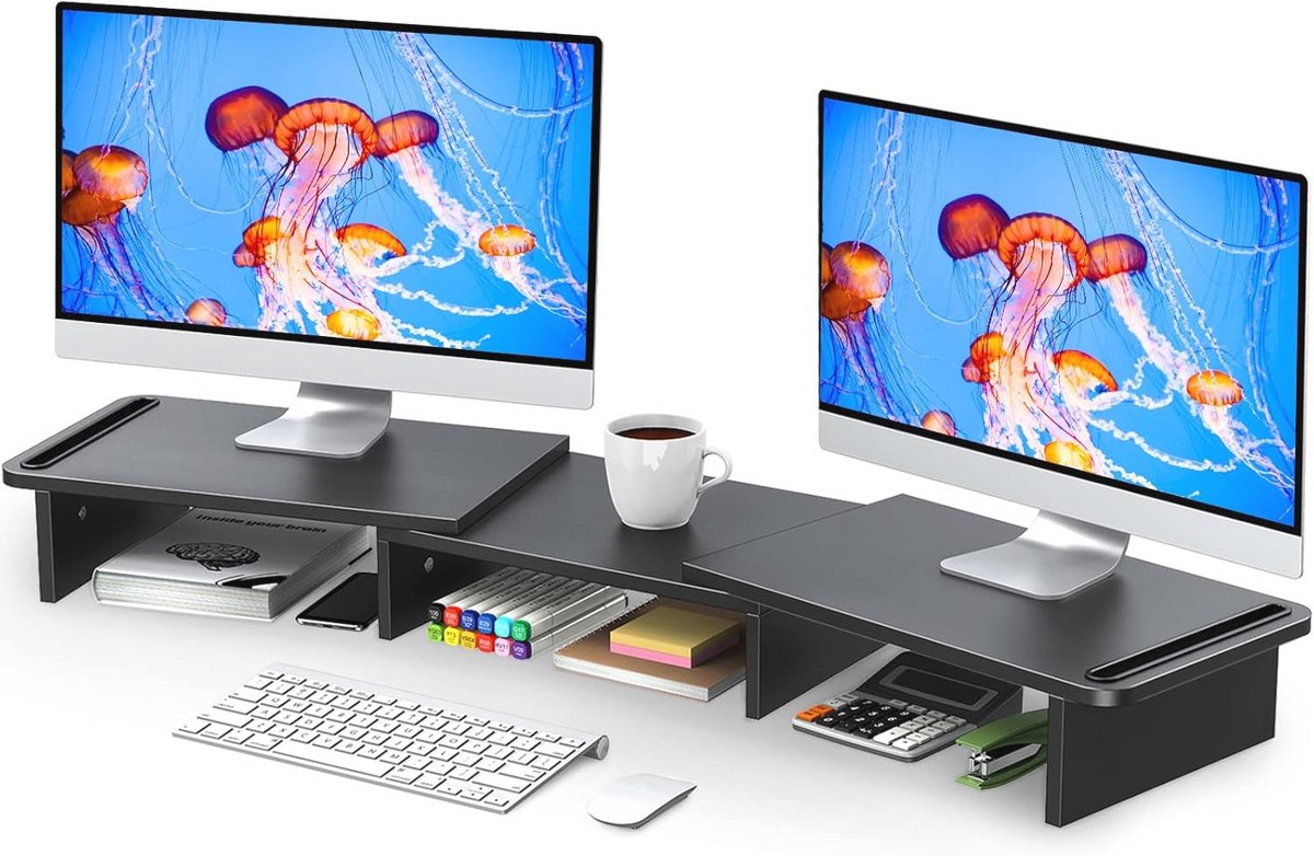 Dual Monitor Stand - Adjustable Length & Angle, Wooden Design for Desk, 2 Monitor Riser with Storage Space
