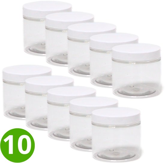 10x Plastic Pot 200ml met Schroefdeksel - Witte Dop - Transparant Glashelder - ALPHA - Plastic Potjes met Deksel - Cosmetica - Voorraadpot - Opbergpot - Bewaarpot - Voedselveilig - Navulbaar - PET Kunststof - Multifunctioneel