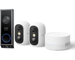 eufy Security E340 Video Deurbel – Dual-Cam technologie, 2K Full HD-resolutie, kleur nachtzicht, AI-pakketdetectie + eufyCam C35 – Incl. 2 Camera, HomeBase Mini – Beveiligingsset – Voordeelbundel