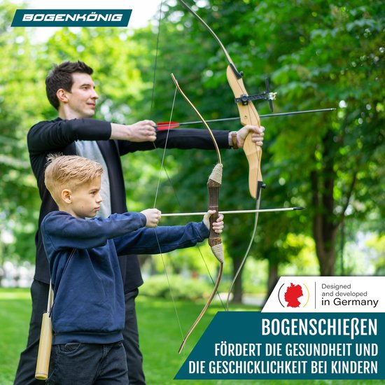 BOWRILLA® Pijl en boog voor kinderen, houten speelgoed met 5 pijlen, 4 doelschijven en pijltas, boogschieten voor kinderen, binnen en buiten, speelgoed vanaf 3 jaar, geschikt voor rechts- en