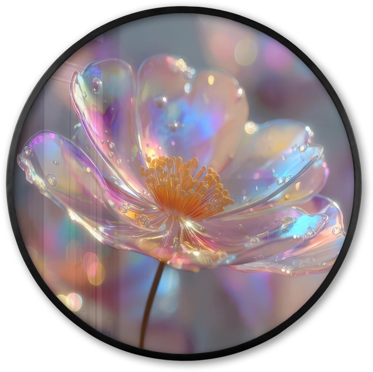 FrameYourWall Poster in lijst Rond - Fotolijst 60x60 cm - Posters - Bloem - Transparant - Pastelkleuren - Druppels - Ronde posterlijst zwart - Decoratie - Wanddecoratie woonkamer - Muurdecoratie slaapkamer