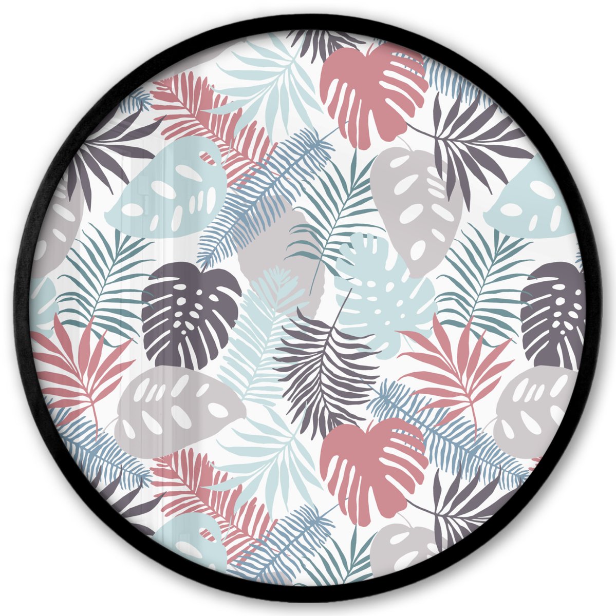 FrameYourWall Poster in lijst Rond - Fotolijst 40x40 cm - Posters - Monstera - Pastel - Bladeren - Tropical - Ronde posterlijst zwart - Decoratie - Wanddecoratie woonkamer - Muurdecoratie slaapkamer Multicolor