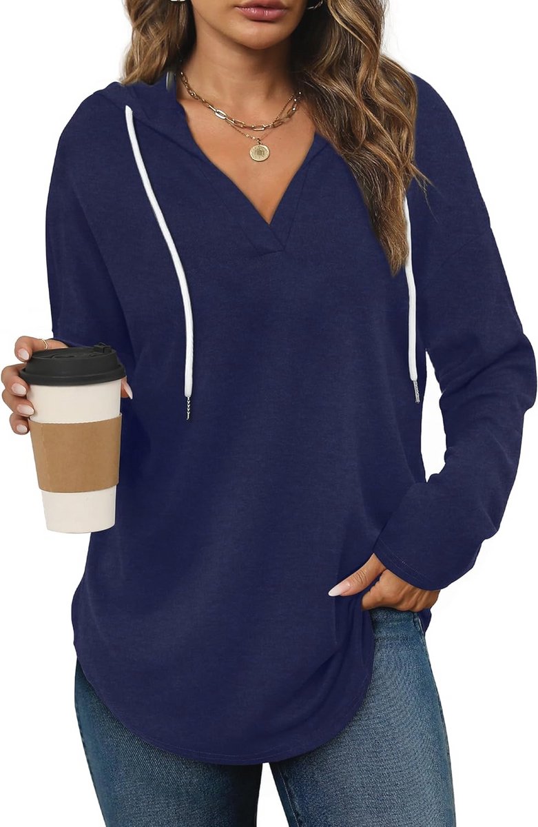 Hoodie Dames Pullover V-hals Capuchon Oversized Sweatshirt Met Trekkoord