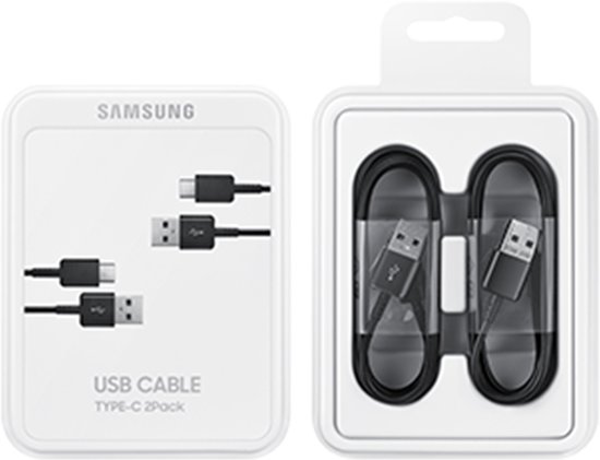 Samsung USB-C 2-pack oplaadkabels in verpakking, met twee zwarte kabels.