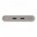 Zijaanzicht van de lichtgrijze powerbank met twee USB-C poorten.