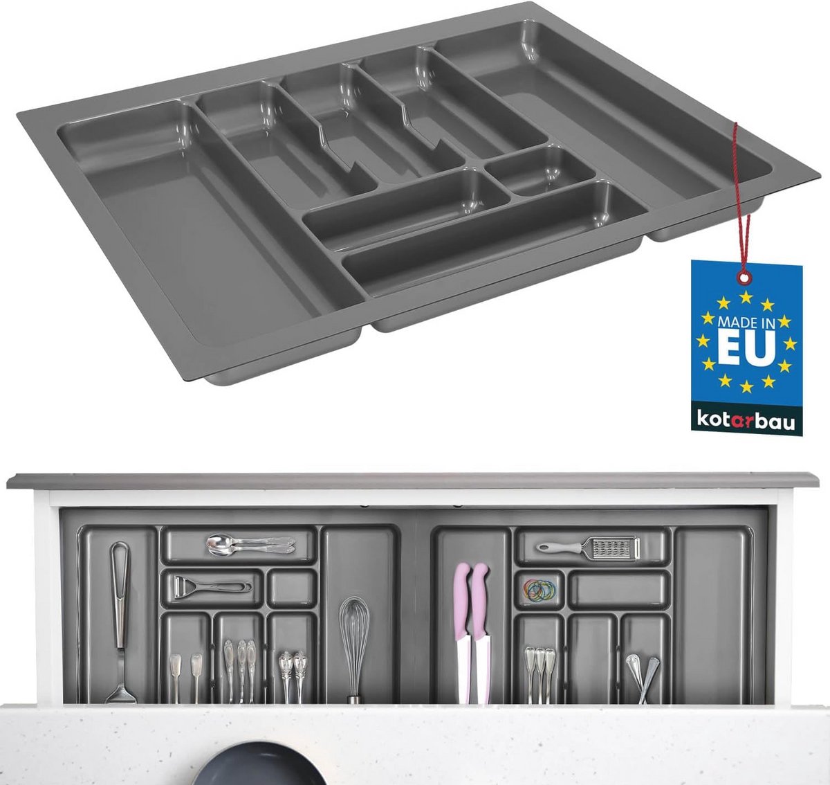 Bestekbak voor lade - Grijs - 635 x 490 mm - Keukenbestek Organizer