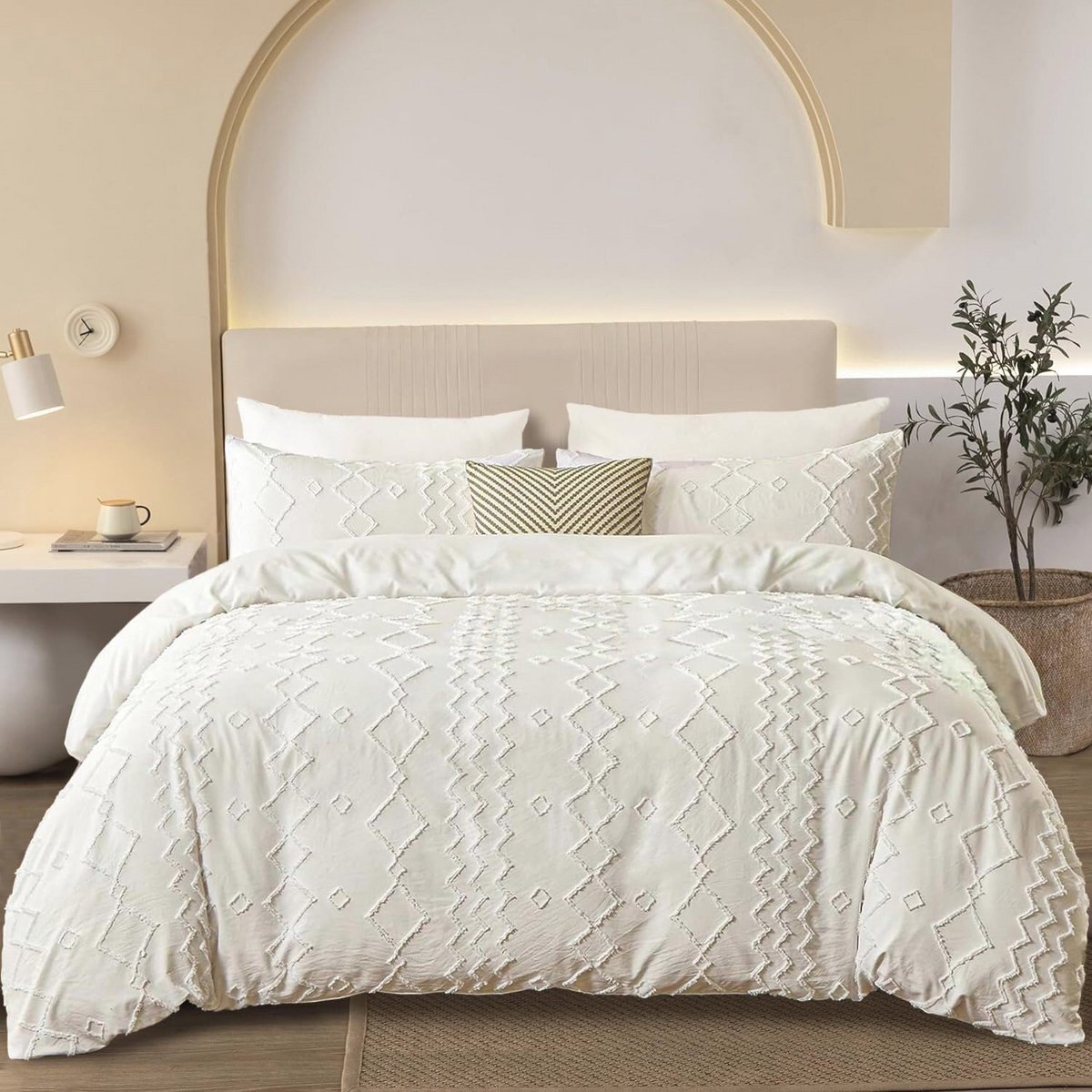 Boho Beddengoedset 4-delig, Crèmegeel, Geometrisch, Vintage Design, Gewassen Microvezel met Ritssluiting