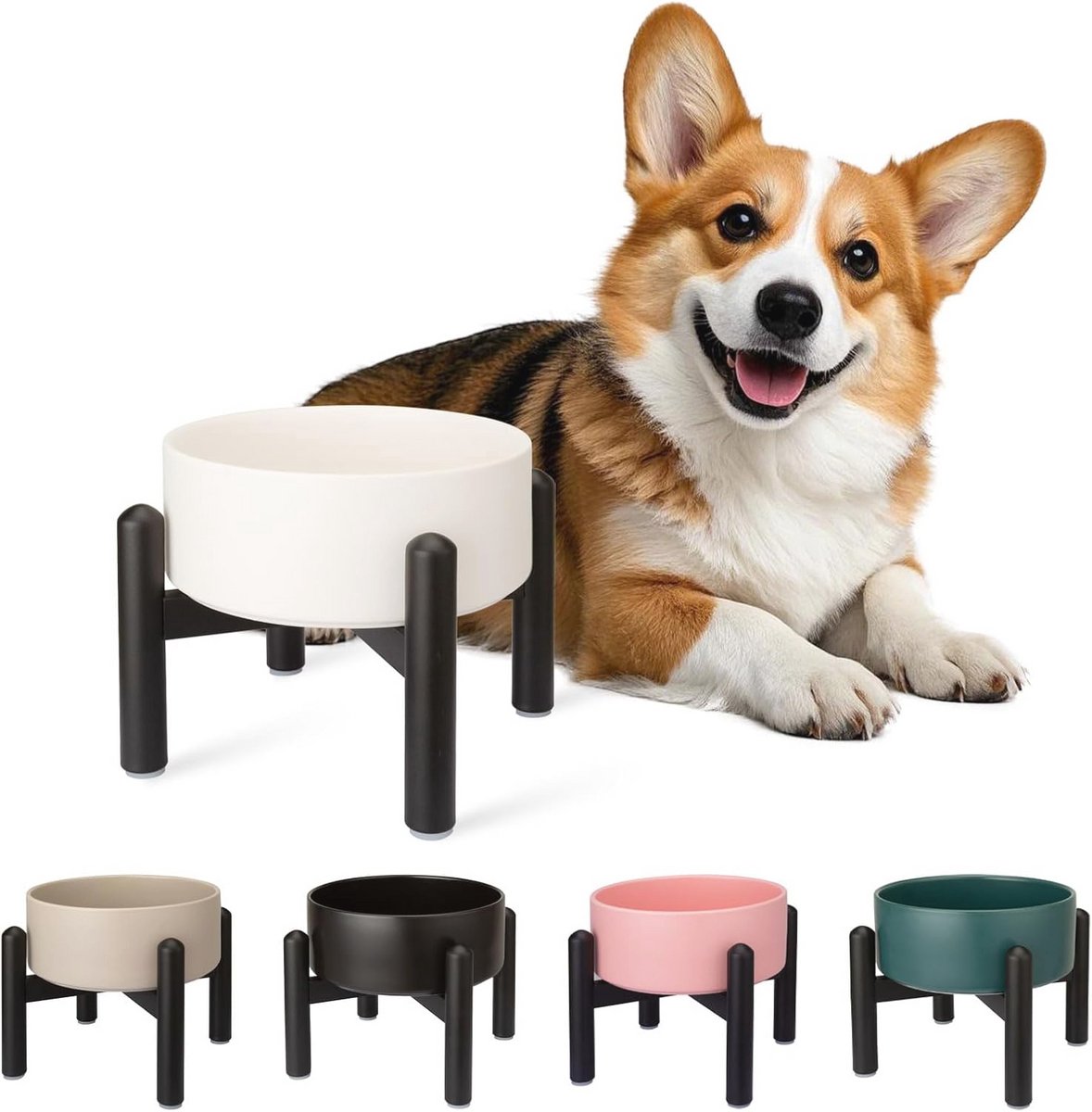 Verhoogde Voerbak voor Honden - Keramische Voedingsbak met Roestvrijstalen Stand - 15,5 cm Diameter - Geschikt voor Kleine en Middelgrote Honden