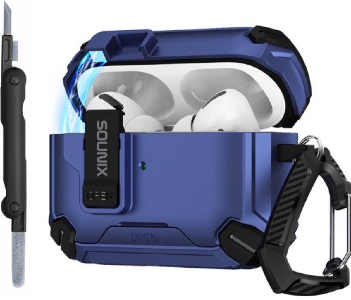 Sounix Hoesje geschikt voor Airpods Pro 1 / 2 - Met schoonmaak borstel - Airpods Pro Hoesje - Armor Case met Lock - Donkerblauw