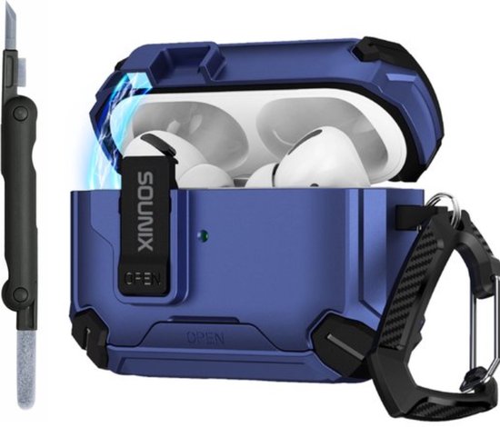 Sounix Hoesje geschikt voor Airpods Pro 1 / 2 - Met schoonmaak borstel - Airpods Pro Hoesje - Armor Case met Lock - Donkerblauw