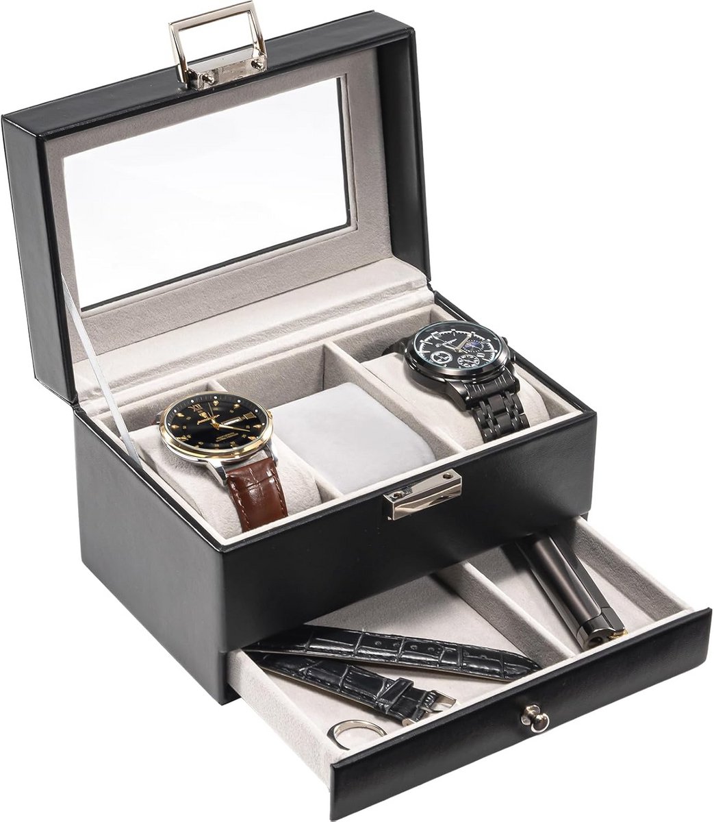 Zwart Horlogedoos voor Mannen met 3 Slots en Lade - Elegante Sieraden- en Horlogehouder Organizer