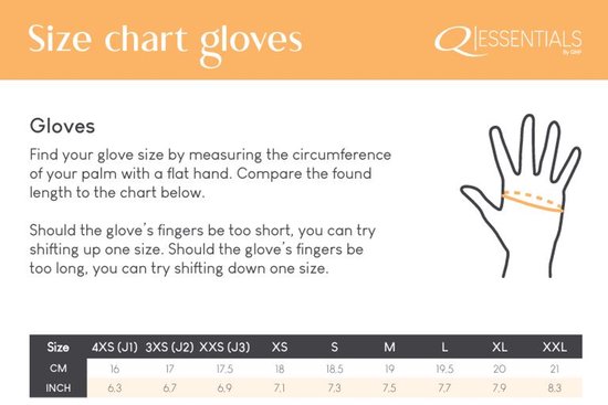 Tableau des tailles pour gants : tailles 4XS (J1) à XXL. Mesures en CM et pouces.