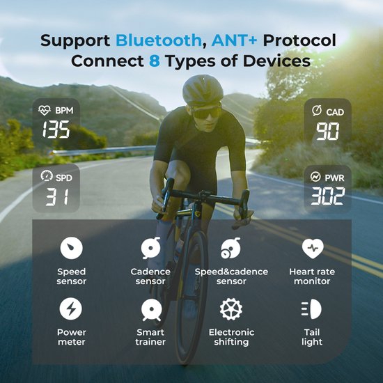 Een wielrenner toont de verbinding met verschillende apparaten via Bluetooth en ANT+.
