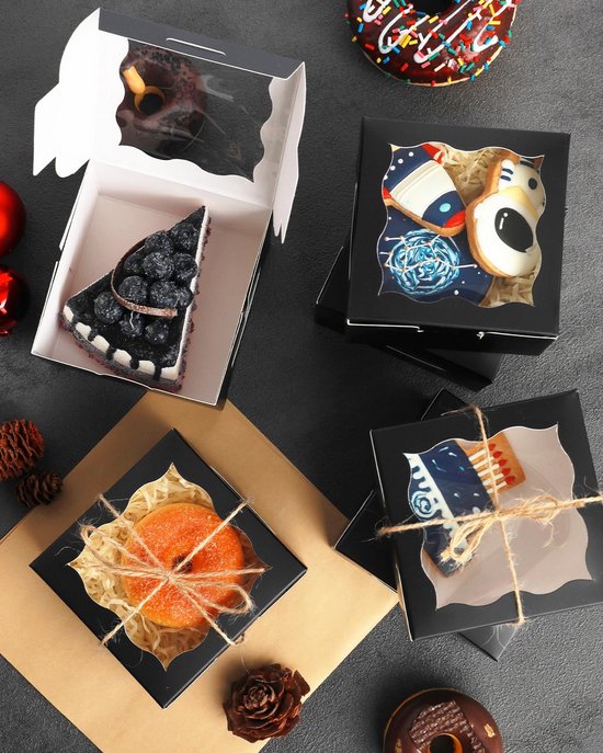 Gcardist Kerstkoekjesdozen met venster, 12 stuks, 21 x 15 x 9,4 cm, bakdoos in zwart-roze design, gebakdoos voor Kerstmis