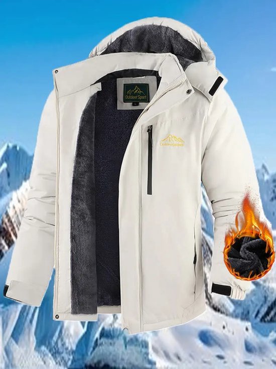 Veste d'hiver blanc cassé avec capuche, doublure polaire gris foncé, logo de montagne et texte 'Outdoorjackets'. Doublure détaillée sur le bras.