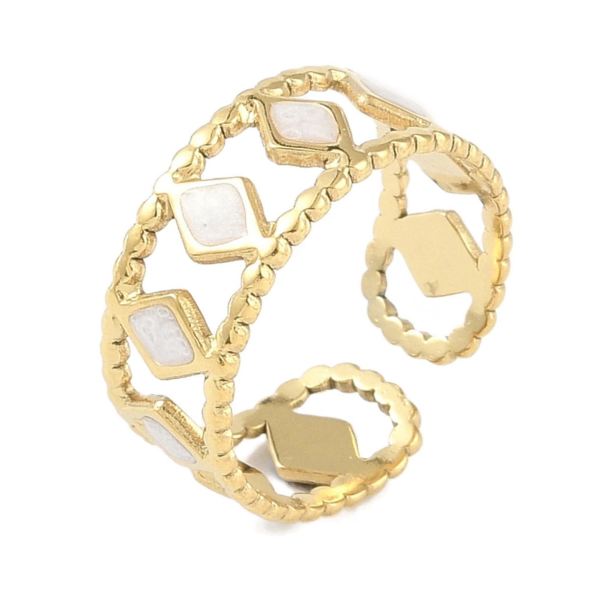Ring stainless steel met witte driehoek bohemian, one size ring, goudkleurig, 100% waterproof, verstelbare ring, cadeau