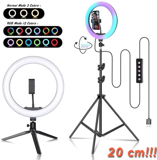 Ringlamp Luminex Pro | RGB LED | 8 Verschillende Kleuren | Cadeau | Make-up light | 26cm | ringlamp 36 cm | statief 2.1 m | Voor vloggers, influencers, instagram posts, tiktok | bluetooth afstandbediening |