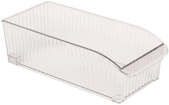 Bac de rangement transparent en plastique nervuré avec une poignée à l'avant.