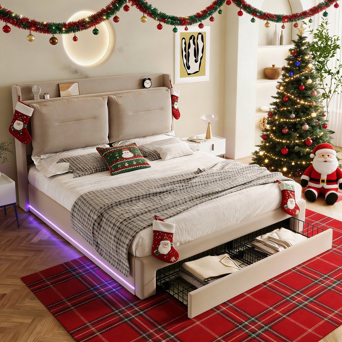 MODFU Velours bed 140x190 met LED, hydraulische opbergruimte en 2-in-1 laden, beige, met lattenbodem