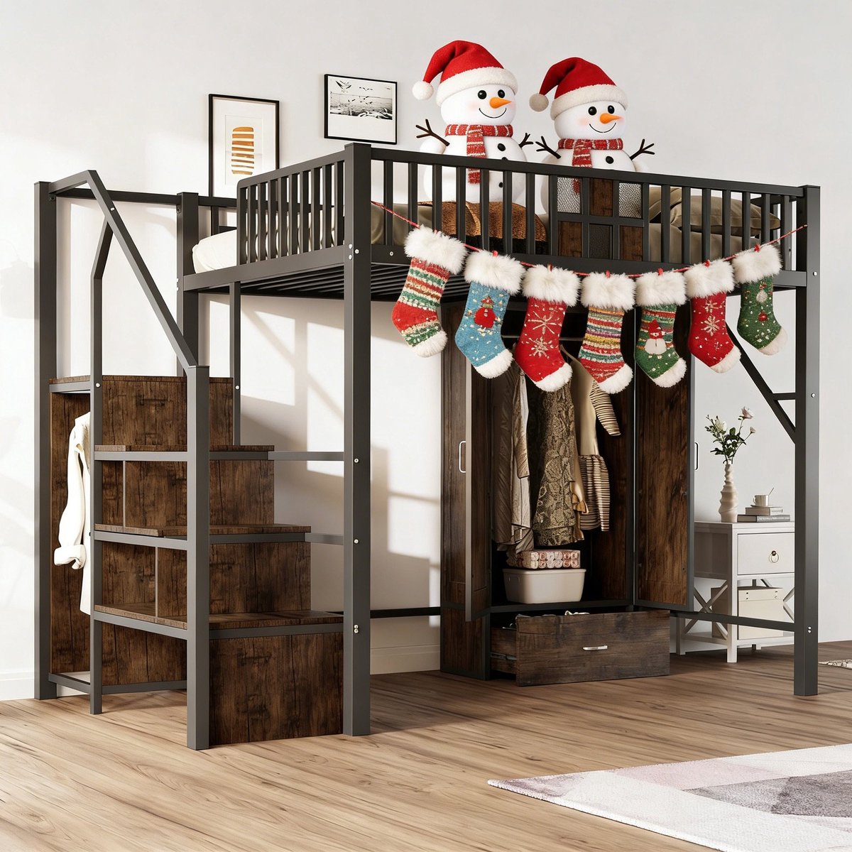MODFU Hoogslaper 140x200 cm – Metaal & hout – Grote kledingkast – Opbergtrap – Zwart