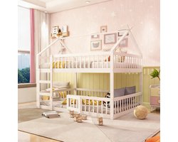 MODFU Kinder Stapelbed 140×200 Massief Hout Hoog-Laag Gezinsbed met Trap en Veilig Hek, Wit