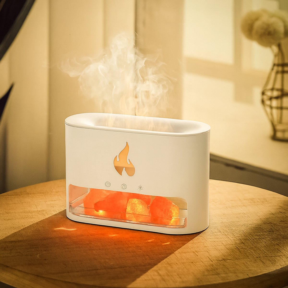 Luchtbevochtiger met Vlameffect LED – Aromadiffuser & Nachtlamp – Ultrasoon – Inclusief Himalayazout