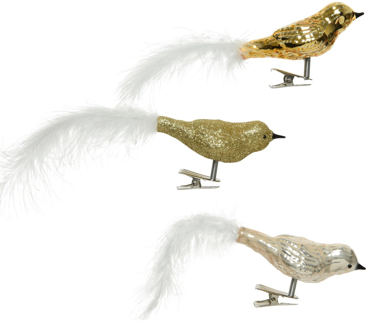 Decoris Kerst vogels - 3x st - op clip - goud - 8 cm - glas - kerstornamenten - kerstversiering - vogeltjes Goudkleurig