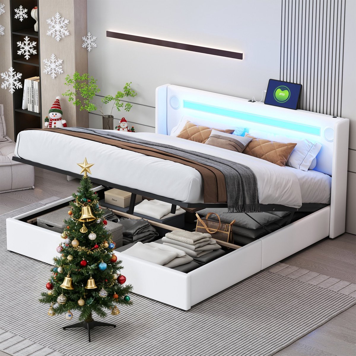 MODFU Bedframe 160x200 cm, gestoffeerd met PU-leer, met LED-lichtlijst, Bluetooth, USB en opbergruimte, wit