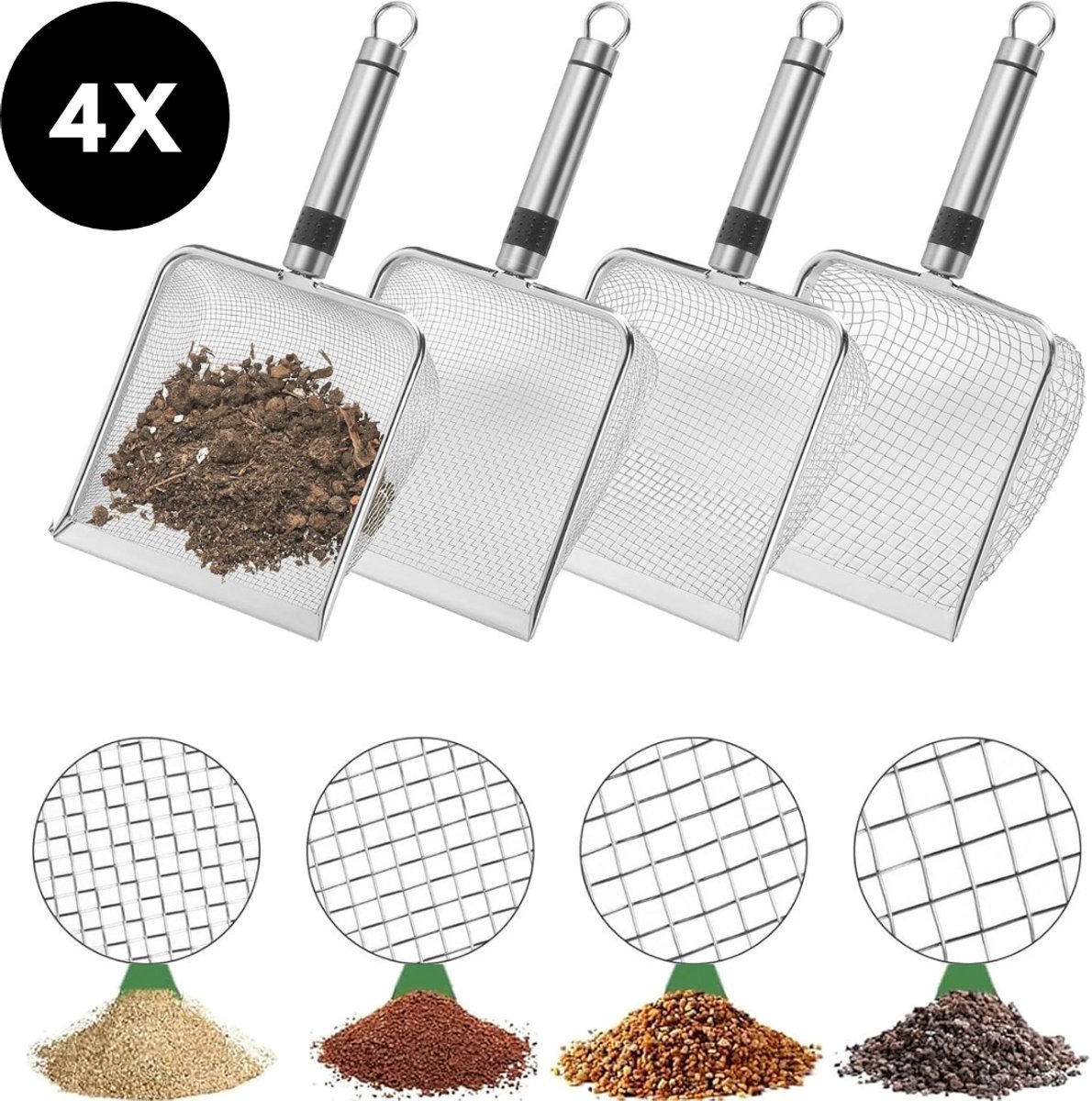 Ultiluxe® Tuinzeef met handvat - 4 stuks - Grondzeef van roestvrij staal - Verschillende tuinzeven - Grove en fijne bodemzeef - Compostzeef voor tuinieren - Zeefschep voor tuinen - Compost, grind, zand, kattenbak - Met ophanghaak