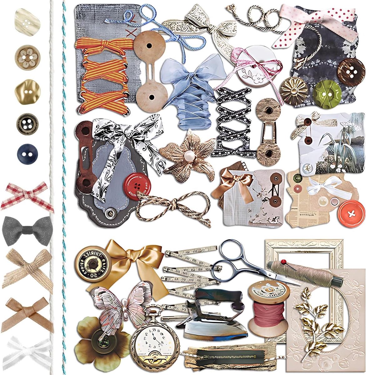 Ronte - Scrapbook papier set 2 packs met naaien thema en stickers - Vintage Retro Journal Crafting Collection met koord strik knop - Junk Journal Handwerk Decoupage - 75+ karakters