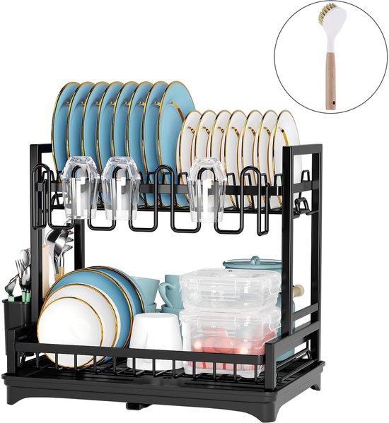 Behave Afdruiprek met Lekbak - Inclusief Afvoer - Afwasrek - Met Bestekhouder - 2 Laags - Ruimtebesparend - Metaal - Zwart