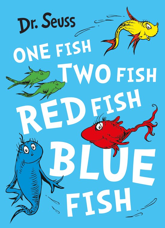 Dr. Seuss 'One Fish Two Fish Red Fish Blue Fish' kinderboek met tekeningen van een blauwe vis, rode vis, gele vis en twee groene vissen.