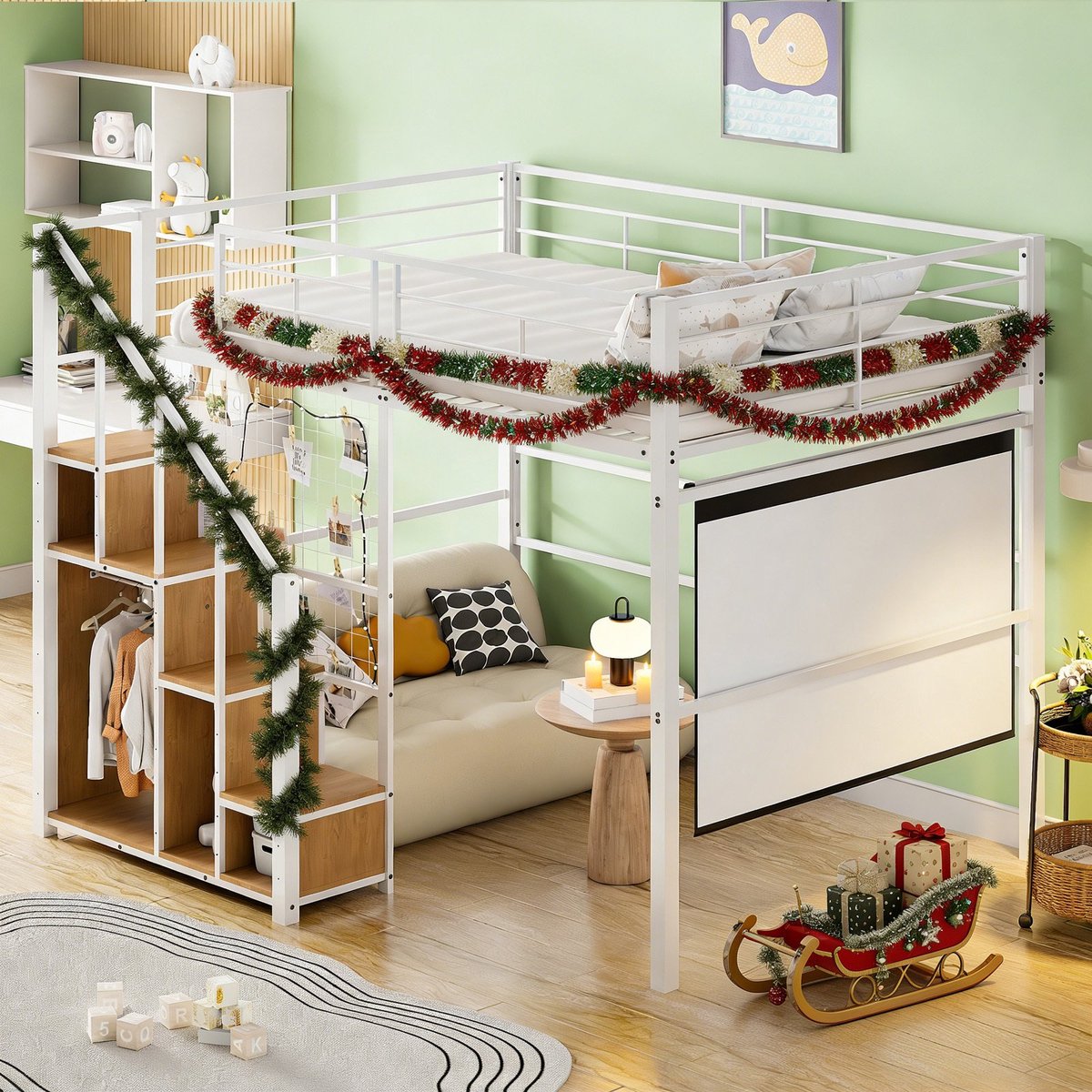 MODFU Bedframe 140x200 cm van metaal, wit, met geïntegreerde opbergruimte, trap en veiligheidsomranding